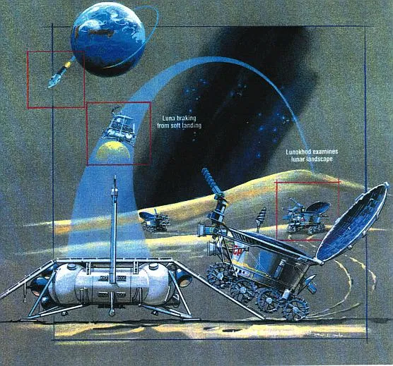Ilustrasi robot penjelajah Bulan Lunokhod milik Uni Soviet di permukaan bulan